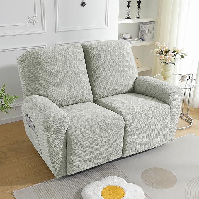 JIVINER 6-Piece Loveseat Recliner Slipcover Stretch Jacquard Recliner Sofa Cover 2 Seater Washable Reclining Couch Cover with Pocket Fitted Furniture Protector Cover (Loveseat Recliner, Ivory)