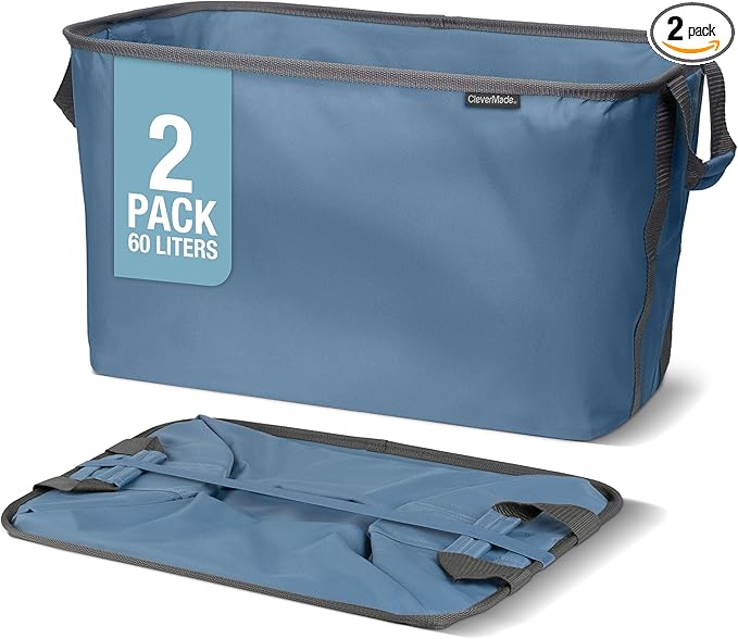 CleverMade Collapsible Laundry Basket 2 Pack – 60L (16 Gal) Foldable Clothes Hamper with Reinforced Handles, Space Saving Fabric Laundry Bin, Holds 55 lbs, Flat Folding for Dorm, Apartment & RV - Denim