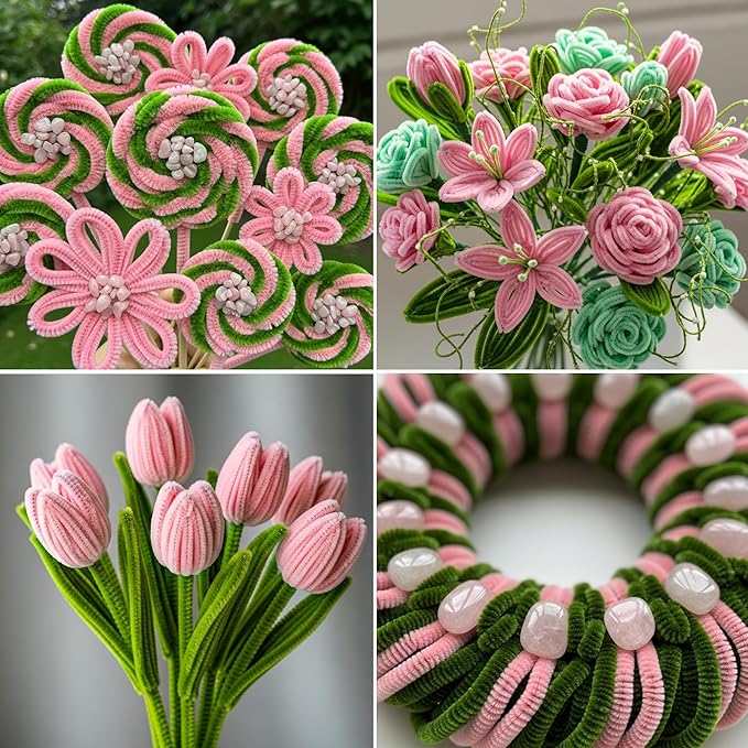 Caydo 200 Pieces Jade Pink & Moss Green Pipe Cleaners for Flowers,Thick Fluffy Chenille Stems for Kids Arts & Crafts and Mother's Day Decorations