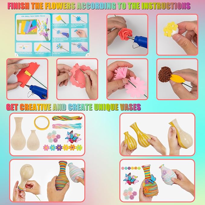 FTBox Crafts Kit for Girls Ages 6-12, Felt Flowers Bouquet and Art Craft Project for Girls, DIY Activity Christmas Birthday Gift for Girls Age 6 7 8 9 10 11 12 Year Old (Wood Vases)