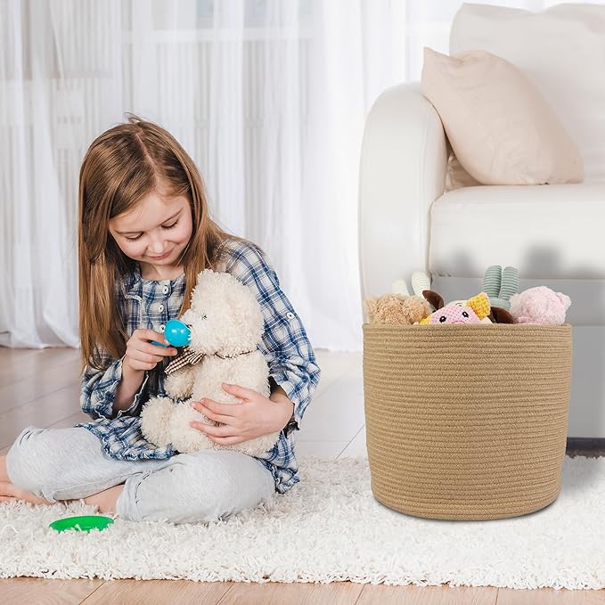 XUANGUO Jute Rope Basket For Girls Boys Kids 16”X14” Baby Laundry Baskets Nursery Bin Round Woven Basket Organizer For Storage Toys Blankets Shoes Clothes