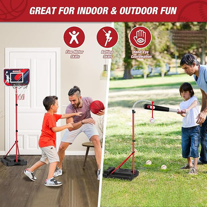 HYES 4 in 1 Kids Basketball Hoop and Tball Set for Toddlers 3-5, Adjustable Hanging Tee Ball Stand with Automatic Baseball Pitching Machine, Indoor Outdoor Sport Toys Birthday for Boys