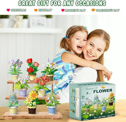 POKONBOY 8 Pack Flowers and Plants Building Set, Mini Bonsai Building Toy Blocks for Kids Adults, Botanical Collection Home Decor Gifts for Birthday Christmas Aged 8 and Up