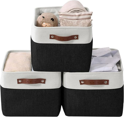 DECOMOMO Storage Baskets for Shelves - Fabric Storage Bins, Linen Closet Organizers and Storage (Black & White, Large - 3 Pack)