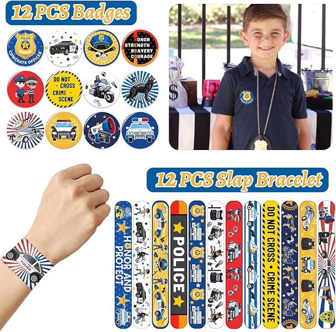 Police Party Favors Kit, Police Party Decorations, 72Pcs Temporary Tattoos, 12Pcs Police Officer Slap Bracelets, 50PCS Police Stickers,12Pcs Mini Police Toy Cars, 12Pcs button badge, 12Pcs Gift Bags