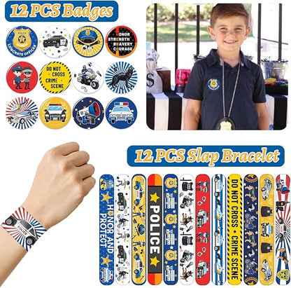 Police Party Favors Kit, Police Party Decorations, 72Pcs Temporary Tattoos, 12Pcs Police Officer Slap Bracelets, 50PCS Police Stickers,12Pcs Mini Police Toy Cars, 12Pcs button badge, 12Pcs Gift Bags