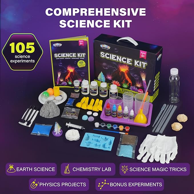 Science Kit for Kids, 105 Science Lab Experiments, STEM Project Educational Toy with Volcano Erupting, Crystal Growing, Chemistry Set, Science Toys, Boys Girls Birthday Gift Ideas, Ages 6+