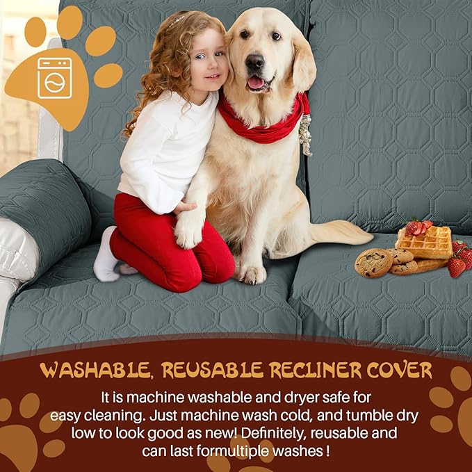 XINEAGE 100% Waterproof Recliner Chair Cover, Non Slip Covers for Recliner Chair with Pocket, Washable Dog Recliner Couch Cover with Elastic Straps (Dark Gray, 30")