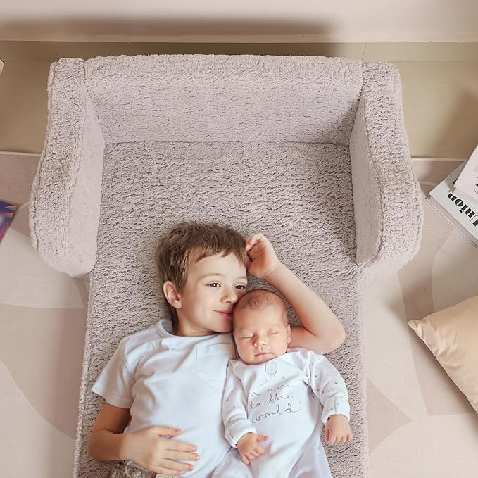 Kids Extra Wide Chairs for Toddler, 2-in-1 Toddler Soft Sherpa Couch Fold Out, Convertible Sofa to Lounger for Girls and Boys, Grey