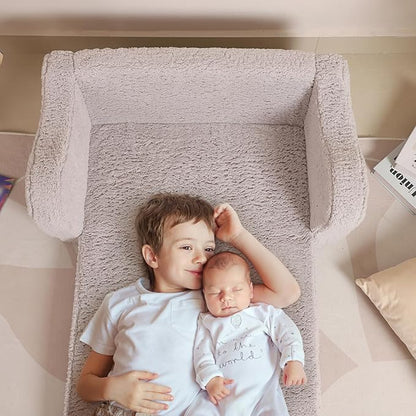 Kids Extra Wide Chairs for Toddler, 2-in-1 Toddler Soft Sherpa Couch Fold Out, Convertible Sofa to Lounger for Girls and Boys, Grey