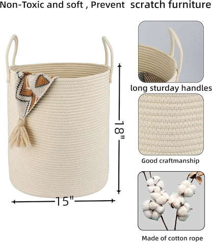 XUANGUO Cotton Rope Laundry Basket Hamper for Clothes Woven Storage Basket for Living Room Bedroom Boho Tall Rope Baskets for Blanket Toys Pillow Towels Baby Nursery Hamper Bin beige