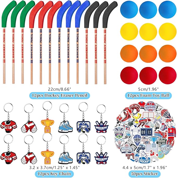 113 PCS Hockey Party Favors Set ,41 Hockey Stickers, 12 Goodie Bags,12 Button Badges,12 Slap Bracelets, 12 Balls, 12 Pencils, 12 Keychains for Ice Hockey Sports Party Birthday Gift Supplies