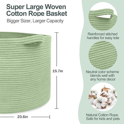 MEGASKET 115L Oversized Green Basket, 23.6"x15.7" Woven Cotton Rope Bin for Blankets, Nursery Wicker Laundry Hamper, Kids Toy Storage Bin, Sage Green Living Room Bedroom Decor Baskets for Organizing
