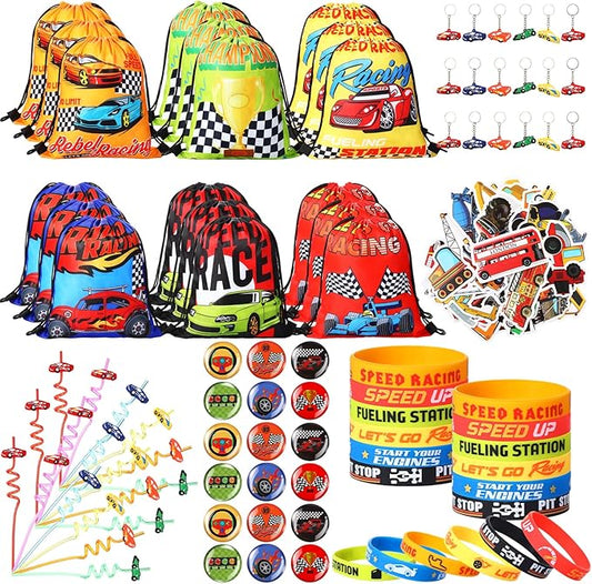 Sadnyy 140 Pcs Race Car Party Favors Birthday Party Decorations Supplies Drawstring Bags with Silicone Bracelets Keychains Straws Button Pins Stickers for Classroom Rewards Goodie Bags Stuffers