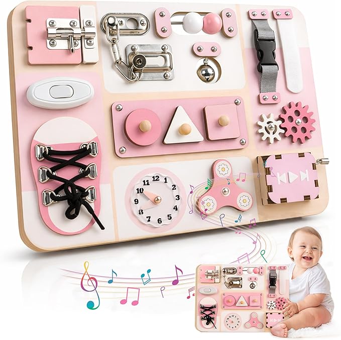 Montessori Busy Board for Baby & Toddlers 1-3 - Wooden Sensory Activity Board with 13 Activities, Real Metal Locks & Latches - Fine Motor Skills Educational Toy for 1 2 3 Year Old - Travel Friendly
