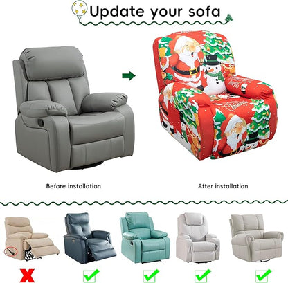 Recliner Chair Covers Christmas Recliner Slipcover Furniture Protector for Recliner with Elastic Bottom 4 -Pieces Stretch Lazy-Boy Recliner Slipcover with Side Pocket Anti-Slip (Christmas Red)