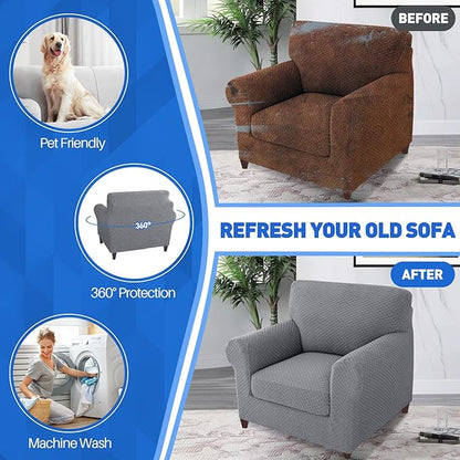 MAXIJIN 2 Piece Jacquard Chair Covers with Arms Super Stretch Non Slip Chair Slipcover for Living Room Dogs Pet Friendly Elastic Sofa Couch Protector Armchair Cover (Chair, Light Gray)