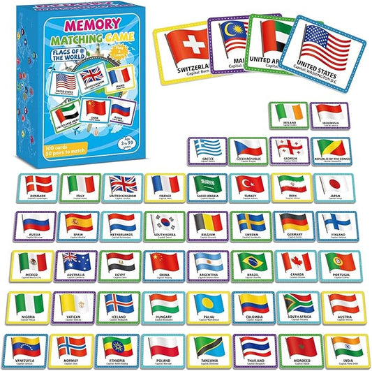 gisgfim 50 Pairs Memory Matching Game Flags of The World Concentration Memory Matching Games for Kids and Adults Learning Educational A Fun & Fast Countries of The World Memory Matching Games
