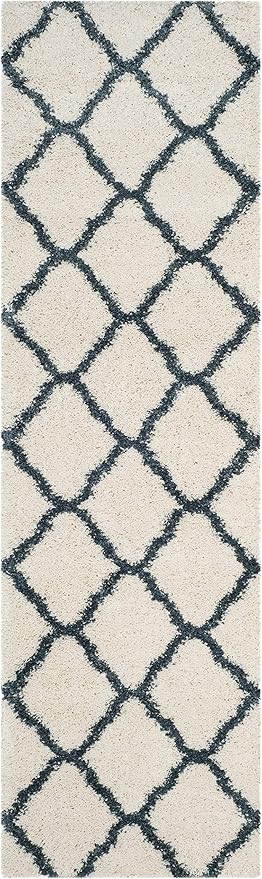 SAFAVIEH Hudson Shag Collection Runner Rug - 2'3" x 8', Ivory & Slate Blue, Moroccan Trellis, Non-Shedding & Easy Care, 2-inch Thick Ideal for High Traffic Areas in Living Room, Bedroom (SGH283T)