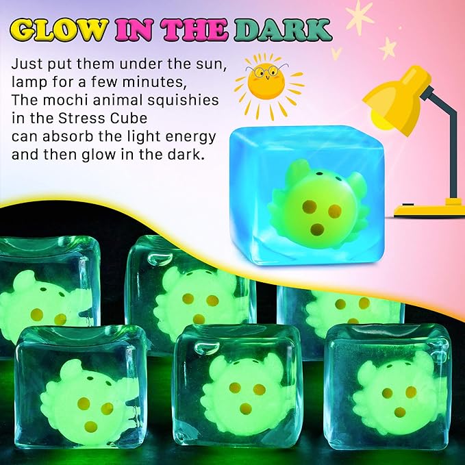 Stress Cube Squishy Fidget Toys Kids Adults - Glow in The Dark Crab Squish Toy Sensory Toys for Kids with Autism Stress Balls for Kids Squeeze Toys for Anxiety Stress Relief Easter Basket Stuffers