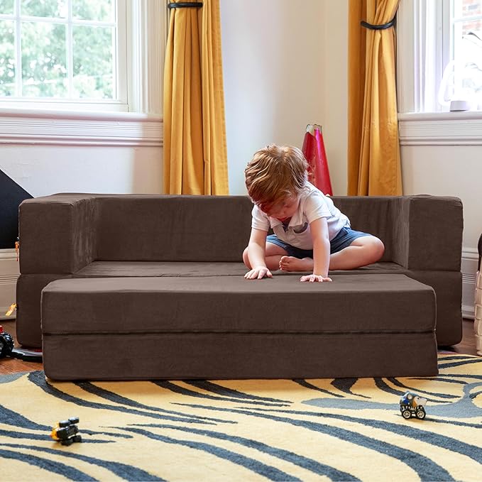 Jaxx Zipline Kids Sofa & Large Ottoman 3 in 1 Fold Out Sofa, Big Kids Edition Chocolate