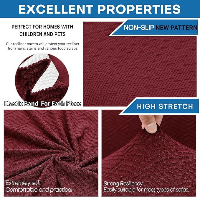 XINEAGE 4 Pieces Recliner Cover Stretch Jacquard Recliner Chair Covers Soft Recliner Slipcovers with Pocket for Kids and Pets, Washable Couch Cover (Recliner, Wine Red)