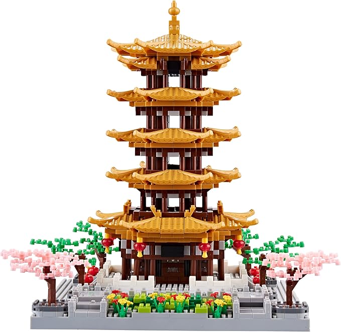 Chinese Ancient Famous Architecture Micro Building Blocks Set for Adults Yellow Crane Tower with Sakura Tree Cherry Plants, Toys for Kids Age of 14+ 2200 pcs