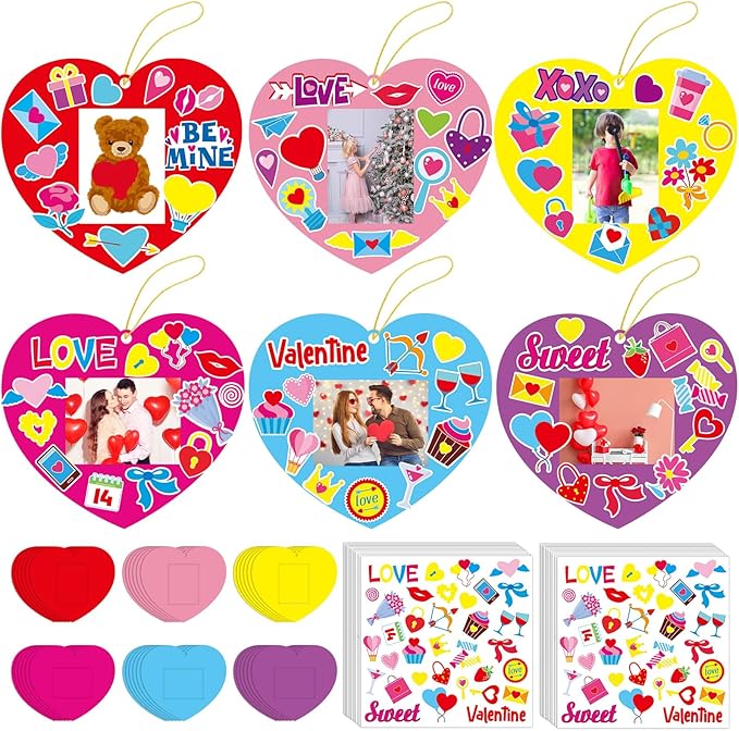 Qyeahkj 36 Sets Valentine 's Day Craft for Kids DIY Valentines Day Heart Picture Frame Craft Kit Valentine Photo Frame Craft and Arts Kit for Home Class Kindergarten Party Art Activity