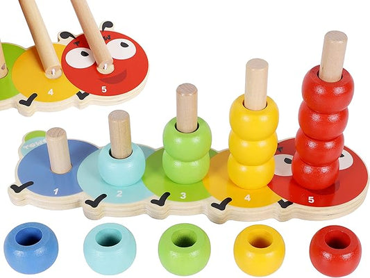 TOWO Wooden Stacking Rings Baby –Lovely Caterpillar Counting Game - Colour Sorting Puzzle - 5 Pegs Ring Stacker - Counting Rings Early Learning Wooden Toys for 1 Year Old Gift First Birthday Boy Girl