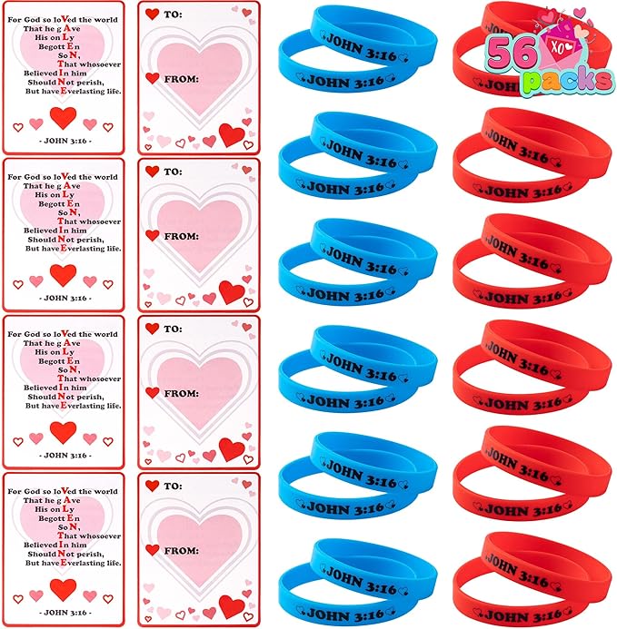 JOYIN 56 Pcs Valentine’s Day Silicone Bracelet with Cards, John 3:16 Rubber Bracelet Valentine Gift, Party Favor Supplies, Classsroom Exchange Prizes, Holiday Reward Gifts