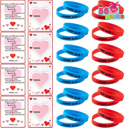 JOYIN 56 Pcs Valentine’s Day Silicone Bracelet with Cards, John 3:16 Rubber Bracelet Valentine Gift, Party Favor Supplies, Classsroom Exchange Prizes, Holiday Reward Gifts