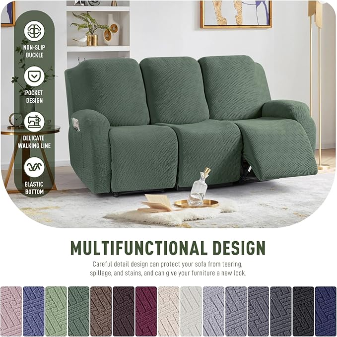 KinCam Recliner Covers, Stretch Reclining Chair Covers, Recliner Sofa Slipcovers Stripe Jacquard Recliner Couch Covers Furniture Protector Covers for Pet Kid (3 Seater, Greyish Green)