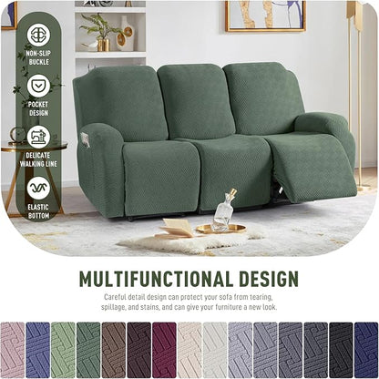 KinCam Recliner Covers, Stretch Reclining Chair Covers, Recliner Sofa Slipcovers Stripe Jacquard Recliner Couch Covers Furniture Protector Covers for Pet Kid (3 Seater, Greyish Green)