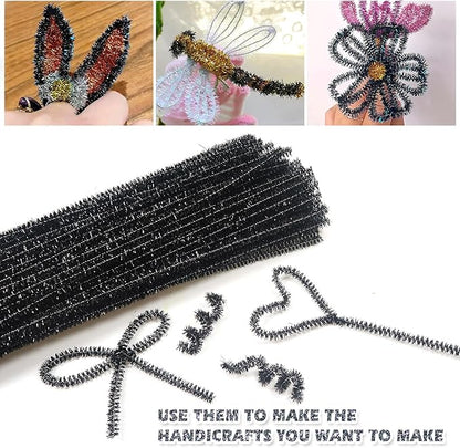 TOAOB 100pcs Christmas Glitter Pipe Cleaners Black Metallic Pipe Cleaners Craft Supplies 6mm x 12 Inch Chenille Stems Pipe Cleaners for Art DIY Crafts Decorations