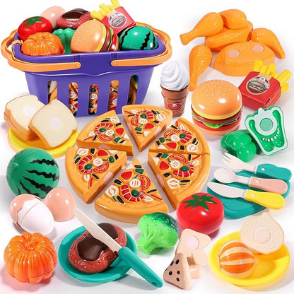 Kids Deluxe Cutting Playset Includes Sliceable Fruits, Vegetables, Pizza, Knife & Fork-Fun&Educational Pretend Play Kitchen Toy for Toddlers and Children-Safe and Realistic Food Cutting Set