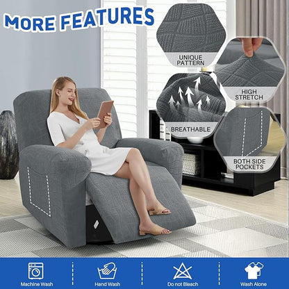 MAXIJIN Waterproof Recliner Chair Covers 3 Pieces Recliner Cover That Stay in Place, Washable Lazy Boy Recliner Slipcovers with Pockets Reclining Protector for Pet, Kids (Recliner, Light Gray)