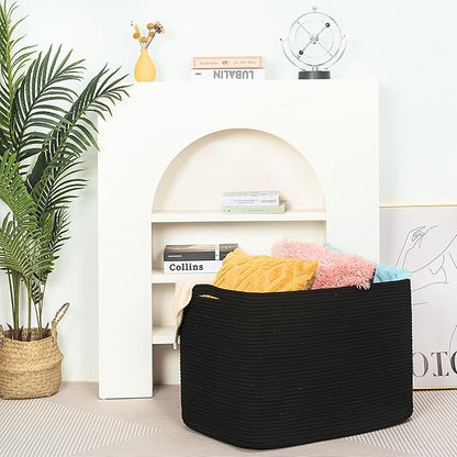 MINTWOOD Design 112L Extra Large Blanket Basket Holder Living Room, 25"x17"x16" Rectangle Rope Woven Storage Basket with Handles for Laundry, Pool Towels, Shoes, Dog Toy Organizer Bin Box, Black