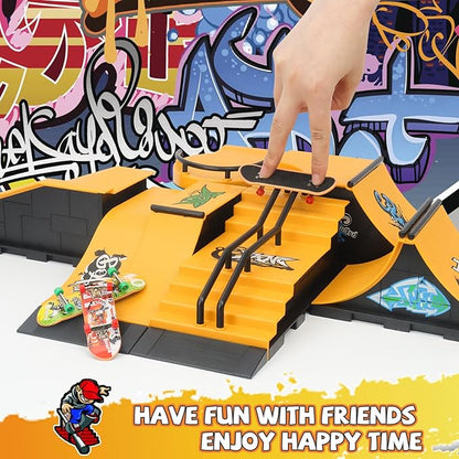 Finger Skateboard Ramps Set, 6-in-1 Bigger Fingerboard Skatepark Skate Park Kit Training Props with 6 Finger Skateboard 6 Finger Deck & Display Holder Finger Skate Toys for Kids & Adults Gifts