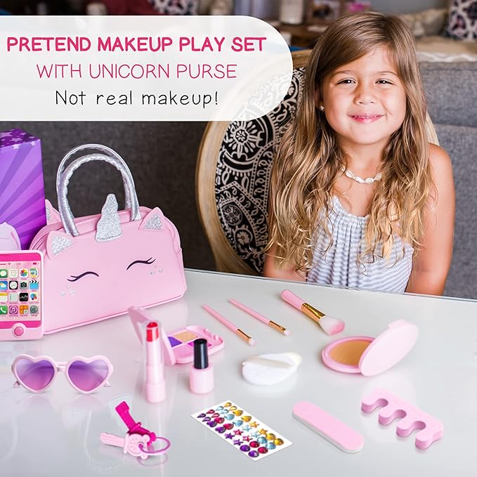 Pretend Play Makeup Kit for Little Girls with Unicorn Purse : Fake (Not Real) Make up Toy Set for Toddler and Kids - Includes Phone with Sounds, Princess Birthday Gift Set for Ages 3 4 5 6 7 8 Years