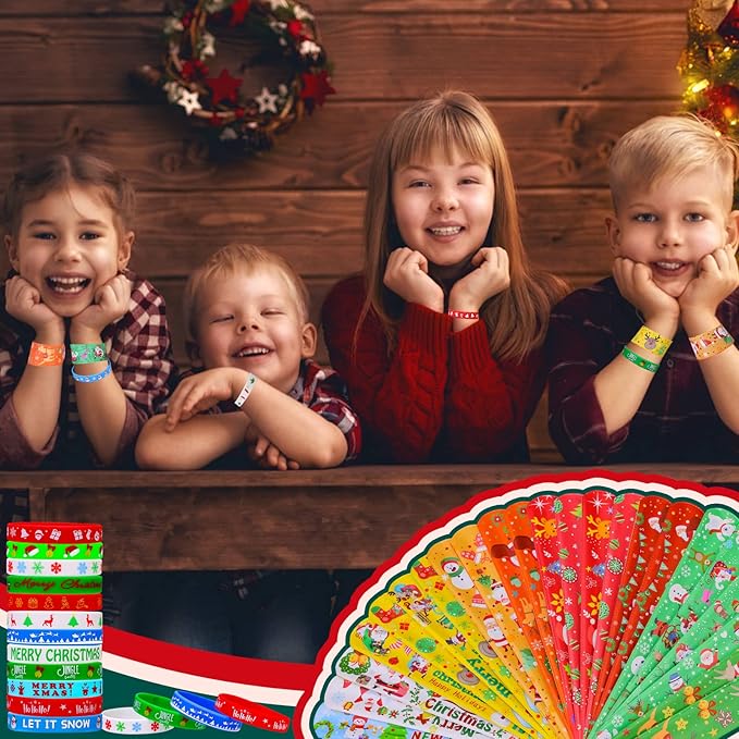 Garma 96Pcs Christmas Slap Bracelets Christmas Wristbands Rubber Band Christmas Silicone Bracelets for Kids Christmas Party Favors Christmas Stocking Stuffers Gifts (96)