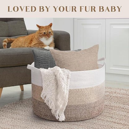 Maliton Extra Large Blanket Basket Living Room, 22" X 22" X 14" Woven Cotton Rope Laundry Basket Toy Baskets with Handle Storage Comforter Cushions Clothes Thread Laundry Hamper