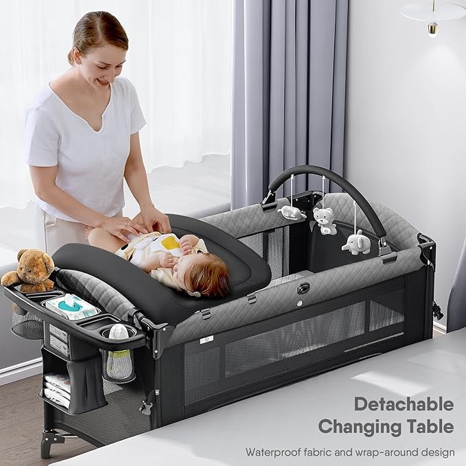 Obee Odee 4 in 1 Baby Bassinet, Pack and Play, Bedside Crib Sleeper, Diaper Changer - Comes with Mattress, Mosquito Net，Bottom Storage and Toy Bar for Newborn to Toddles