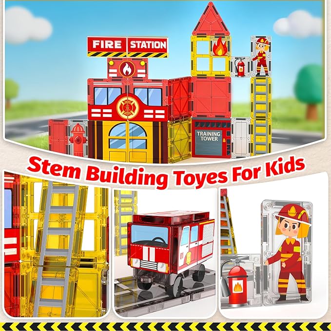 Fire Station Magnetic Tiles for Kids, Building Toys for Kids Ages 4-8 with Fire Truck, Firemen, Road Magnet Tiles. STEM Magnetic Blocks for Kids Ages 4-8, Building Toys for 4+ Year Old Boys Gifts