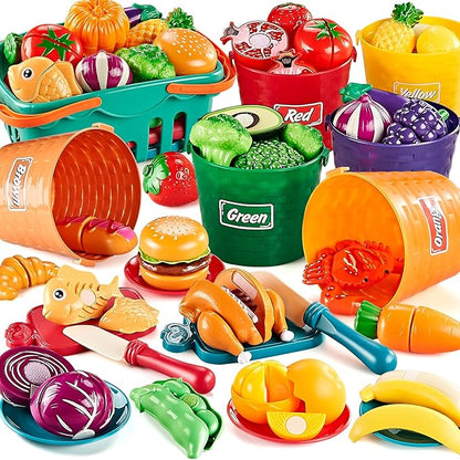 Play Food Sets for Kids Kitchen, 77Pc Color Sorting Toy Food with Storage Basket, Cutting Pretend Fake Food Kitchen Toys, Play Kitchen Accessories, Educational Toddler Gift 4-8 Learning Toys