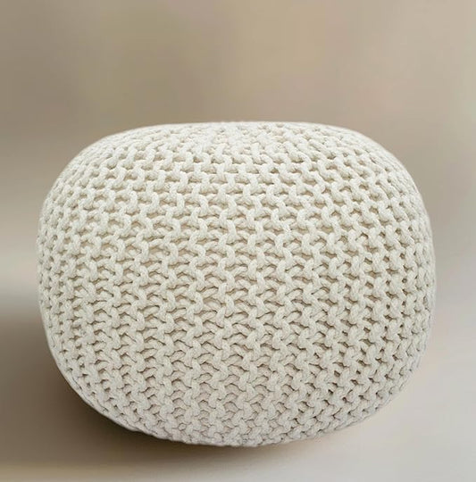 COTTON CRAFT Round Dori Pouf - Cotton Braid Cord Cable Knitted Ottoman - Foot Stool Footrest Floor Pouf Accent Furniture Bean Bag - Living Room Dorm Décor - 20.5 Dia x 13.5 High - Round Ivory Cream