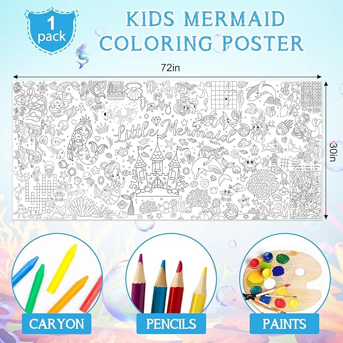 Mermaid Giant Coloring Poster for Kids 30 x 72 Inch, Mermaid Large Coloring Poster Sheets Tablecloth, Mermaid Themed Color-in Activities Games for Kids School Classroom Home Party Supplies Decorations