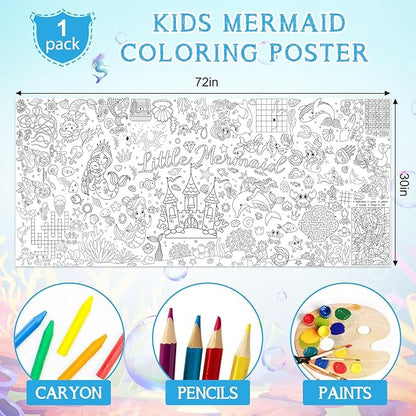 Mermaid Giant Coloring Poster for Kids 30 x 72 Inch, Mermaid Large Coloring Poster Sheets Tablecloth, Mermaid Themed Color-in Activities Games for Kids School Classroom Home Party Supplies Decorations