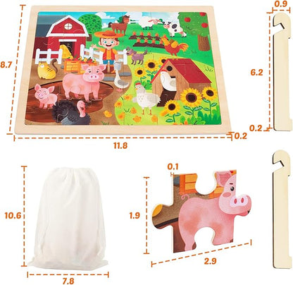 SYNARRY 24 Pieces Puzzles for Kids Ages 3-5, Farm Wooden Jigsaw Puzzles with Storage Tray, Educational Preschool Puzzles Toys Set for Toddler Boys and Girls