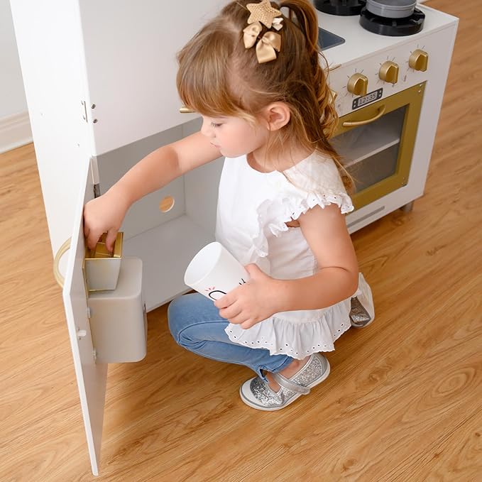 Teamson Kids - Children Play Kitchen Sets, Toddler Girls Pretend Kitchen Set Ages 2-6, Kitchen Toys for Kids Ages 4-8, Little Chef Mayfair Classic Kids Kitchen Playset with 11 Accessories - White/Gold