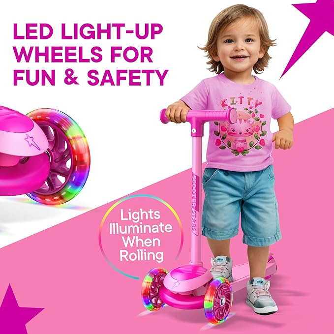 3 Wheel Scooter for Kids, Smooth Light Up LED Front Wheels, Wide Anti Slip Deck, Rear Foot Brake, Easy Lean to Steer Maneuvering, Indoor & Outdoor Ride On Toys for Ages 2 Up,